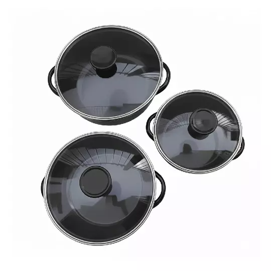 Juego De 3 Ollas BETEAVON De Peltre Con Tapa De Cristal  Negro 18, 20, 24 cm
