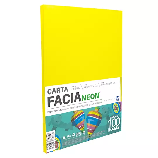 Paquete de hojas de color Facia Neon tamaño carta color amarillo 75gr 100 hojas