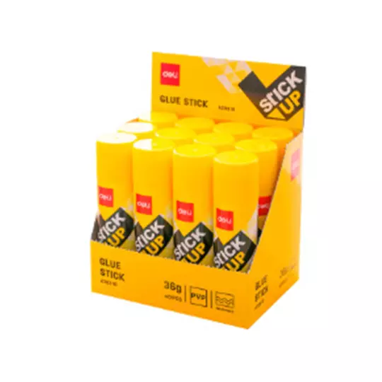 Lápiz adhesivo en barra Deli, color blanco de 36 g, caja con 12 pz.
