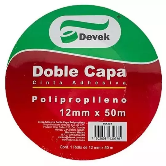 Cinta adhesiva doble cara polipropileno Devek 12 mm x 50 m.