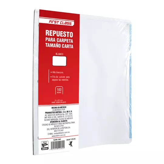 Repuesto para carpeta Dietrix carta, blancas 100 hojas con filo de colores