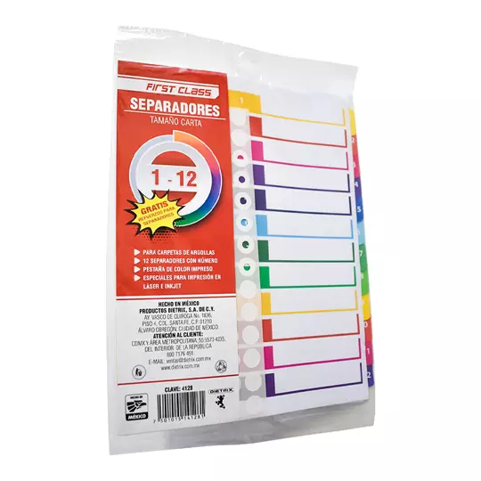 Separadores Dietrix tamaño carta del 1 al 12 pestañas de color impreso el numero