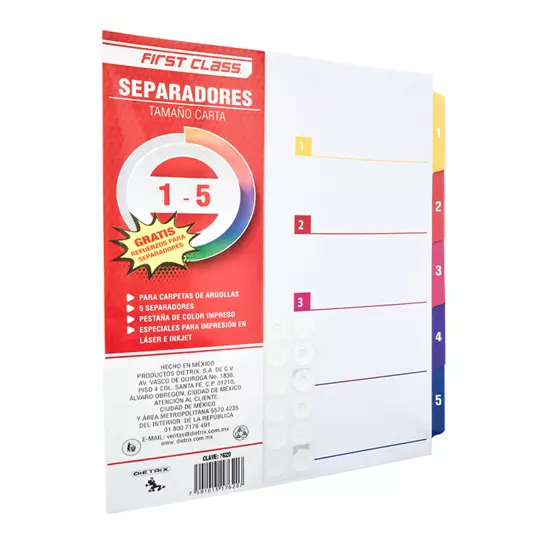 Separadores Dietrix tamaño carta del 1 al 5 pestañas de color impreso el numero
