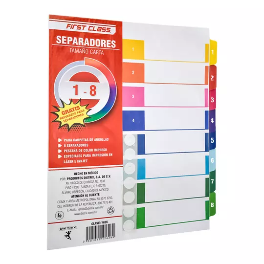 Separadores Dietrix tamaño carta del 1 al 8 pestañas de color impreso con el