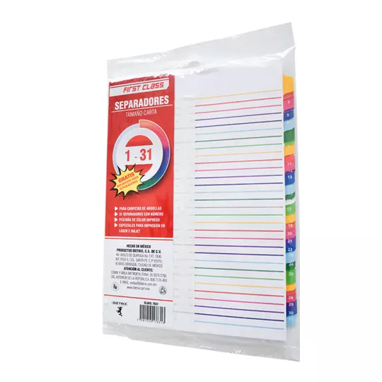 Separadores Dietrix tamaño carta del 1 al 31 pestañas de color impreso el numero