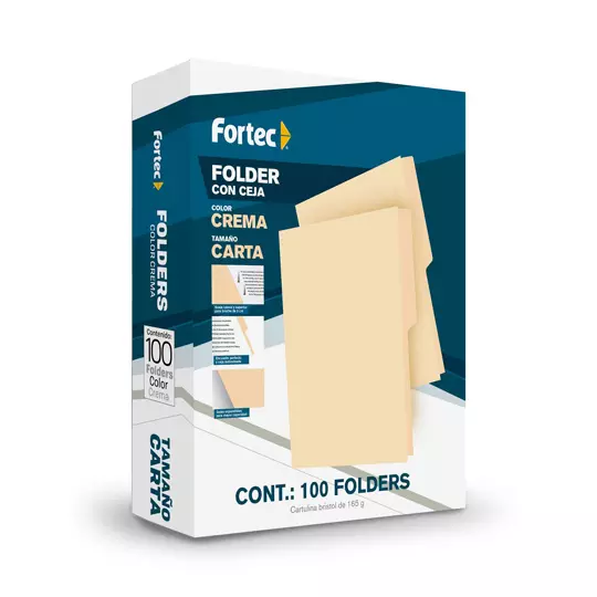 Folder manila económico Fortec carta color crema ceja 1/2 caja con 100 pzas