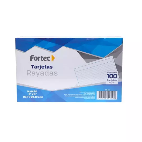 Tarjeta índice Fortec rayada 12.7 x 20.32 cm paquete con 100 pzas