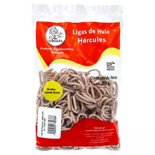 Ligas Hercules de hule natural no. 10. bolsa con 80 gramos