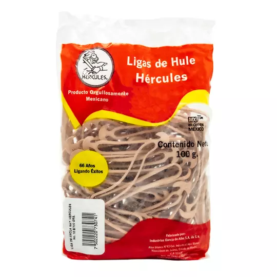 Ligas Hercules de hule natural no. 18. bolsa con 100 gramos, tipo ancla