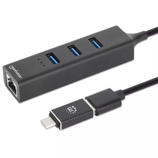 Hub Manhattan USB Macho 3x Puertos USB Hembra 1x RJ-45 Negro