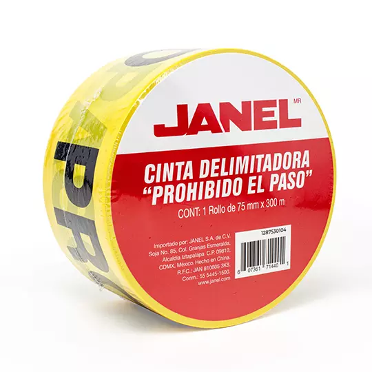Cinta de señalizacion Janel 75mm x 300m,color amarillo PROHIBIDO EL PASO, 1 pz