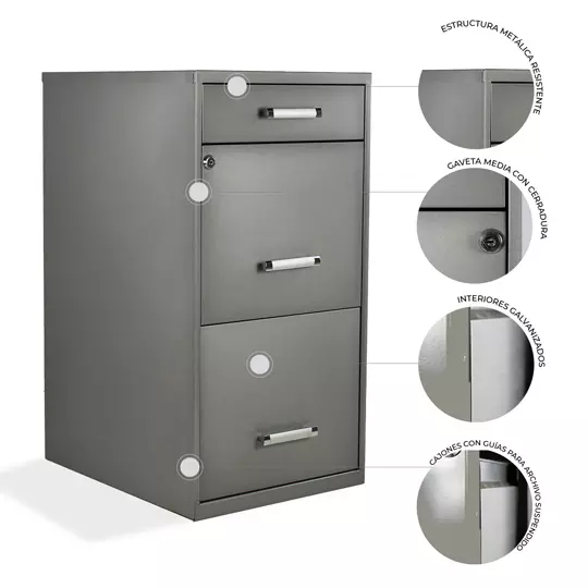 Archivero metálico MUNDO IN tamaño carta 2 gavetas + 1 cajón color gris