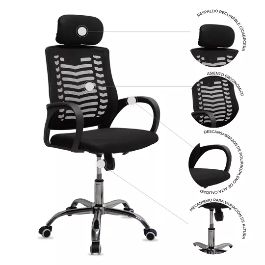 Silla directiva MUNDO IN 108A respaldo en malla y asiento en tela con cabecera