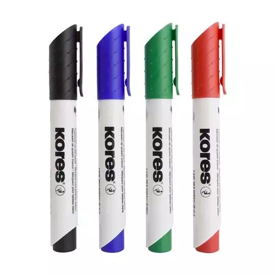 Marcador para pizarrón Kores, rojo, azul, verde y negro, con 4 piezas