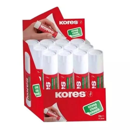 Lápiz adhesivo Kores en barra, color blanco de 20 grs 12 pz