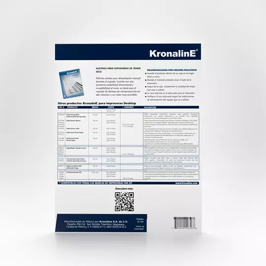 Pelicula de acetato Kronaline tamaño carta paquete con 25 hojas