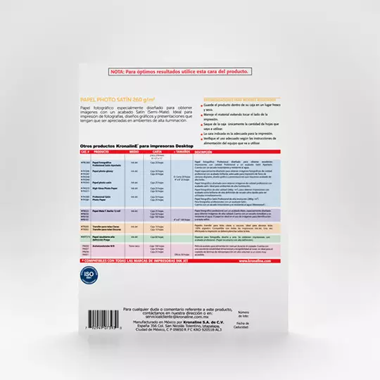 Papel fotográfico Kronaline satín tamaño carta paquete con 25 hojas