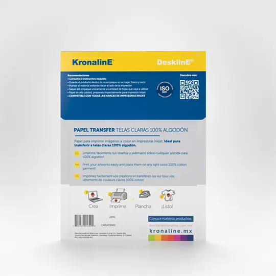 Papel transfer Kronaline para tela clara tamaño carta paquete con 10 hojas