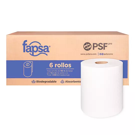 Toalla Fapsa en rollo blanca de 180 m, caja c/ 6 bobinas