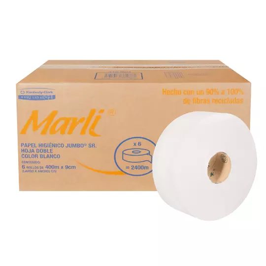 Papel Higiénico blanco Marli, caja c/ 6 bobinas 400m jumbo mod 90510