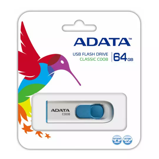 Memoria USB Adata C008, 64GB, USB 2.0, Azul/Blanco
