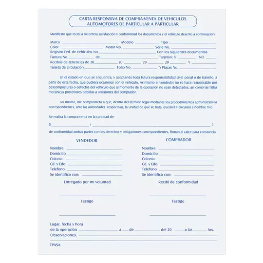 Carta responsiva Pinos Altos "Contrato de Compra-Venta", carta, block c/50 hojas