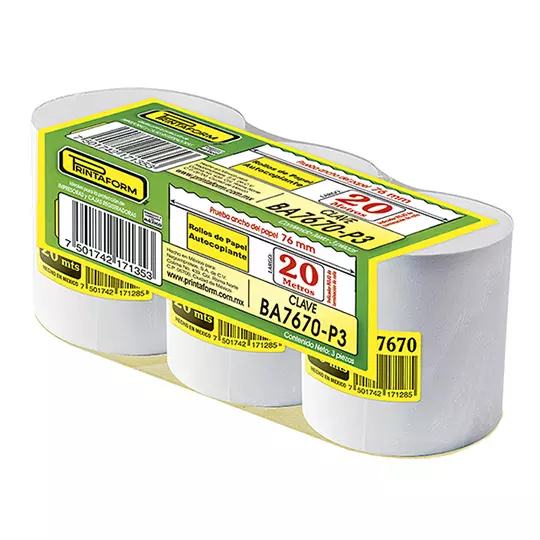Rollo de papel autocopiante Printafor 76 mm x 20 m 1 auditoria paquete de 3pz
