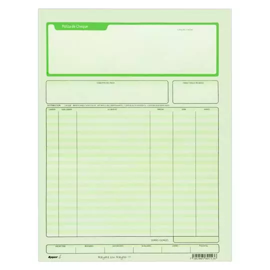 Póliza de cheque Rayter, tamaño carta, color verde, block 25 juegos