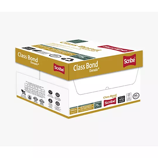 Caja de papel bond Scribe Class Bond Dorado tamaño oficio 93% de blancura 75 grs 2