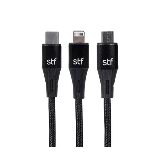 Cable 3 en 1 STF carga rápida entrada USB, C y lightning 1.8m color negro