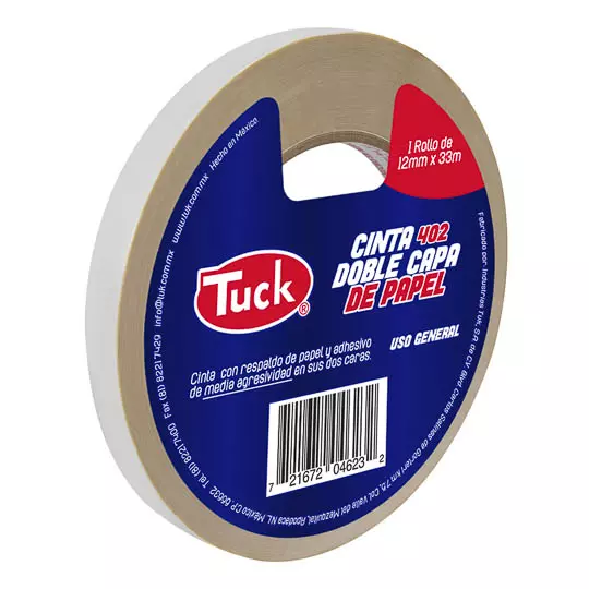 Cinta 402 doble capa TUK 12mm x 33m , color crema, 1 pza