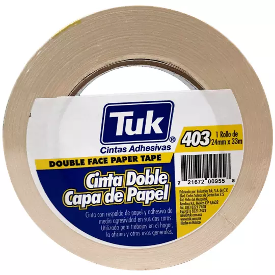 Cinta 403 doble capa TUK 24mm x 33m , color crema, 1 pza