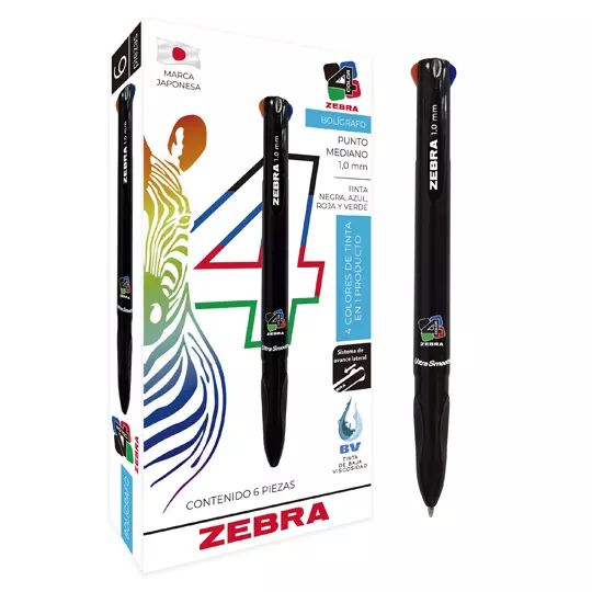 Bolígrafo retráctil ZEBRA punto mediano 1.0 mm 4 tintas caja con 6 pz