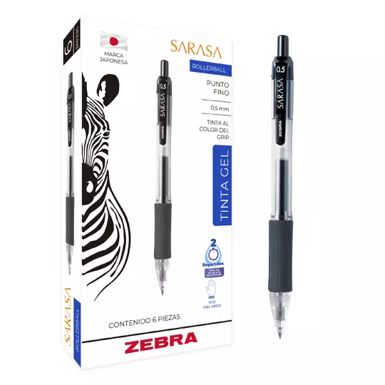 Bolígrafo de gel ZEBRA SARASA punto fino 0.5 mm color negro caja con 6 pz