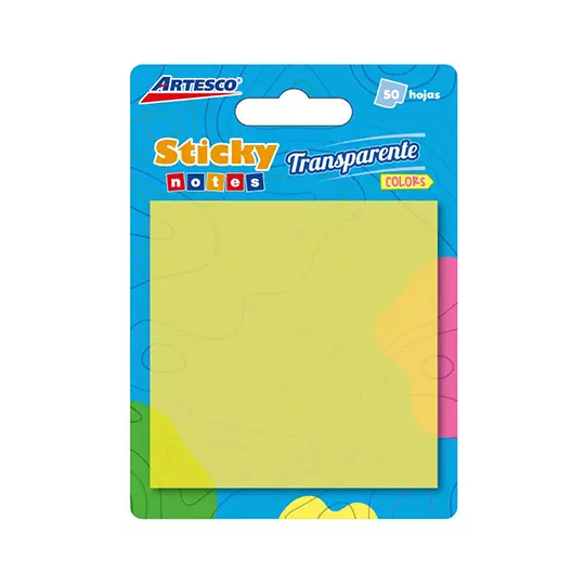 Notas Adhesivas Artesco 3" x 3" color transparente amarillo paquete con 50 no