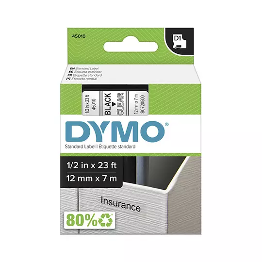 Cinta DYMO para rotulado negro con fondotransparente 12 mm x7 m 1 pieza