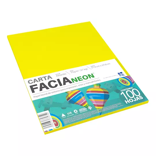 Paquete de hojas de color Facia Neon tamaño carta color amarillo 75gr 100 hojas