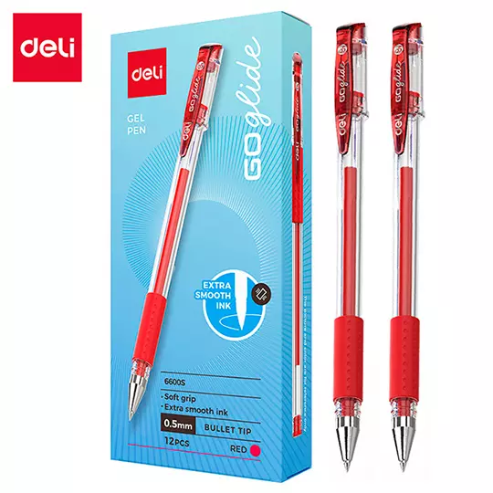 Boligrafo de gel Deli rojo punto fino 0.5 mm, caja con 12 pz