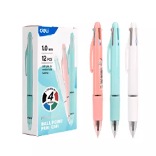 Boligrafo Deli 4 en 1, colores basicos punto 1.0 mm caja con 12 pz