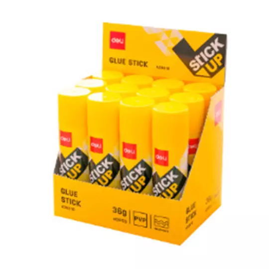 Lápiz adhesivo en barra Deli, color blanco de 36 g, caja con 12 pz.