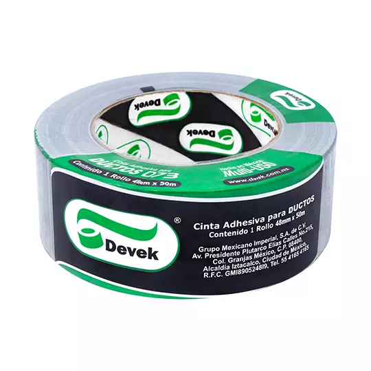 Cinta ducto Devek 48mm x 50 mts color plata, polietileno recubierto.