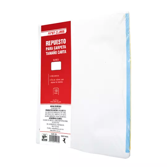 Repuesto para carpeta Dietrix carta, blancas 100 hojas con filo de colores