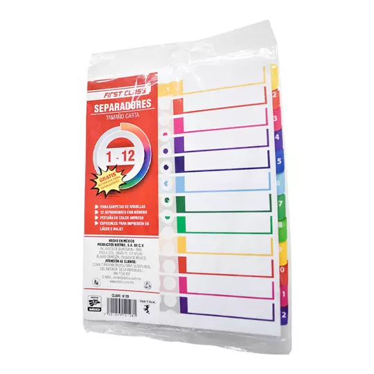 Separadores Dietrix tamaño carta del 1 al 12 pestañas de color impreso el numero