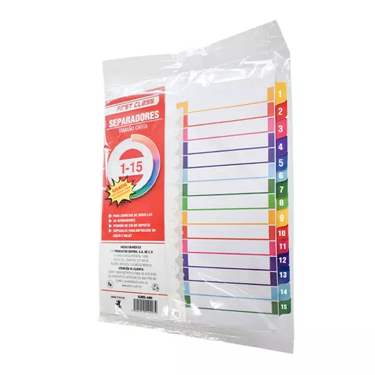 Separadores Dietrix tamaño carta del 1 al 15 pestañas de color impreso el numero