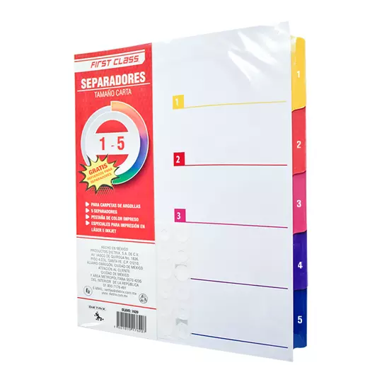 Separadores Dietrix tamaño carta del 1 al 5 pestañas de color impreso el numero