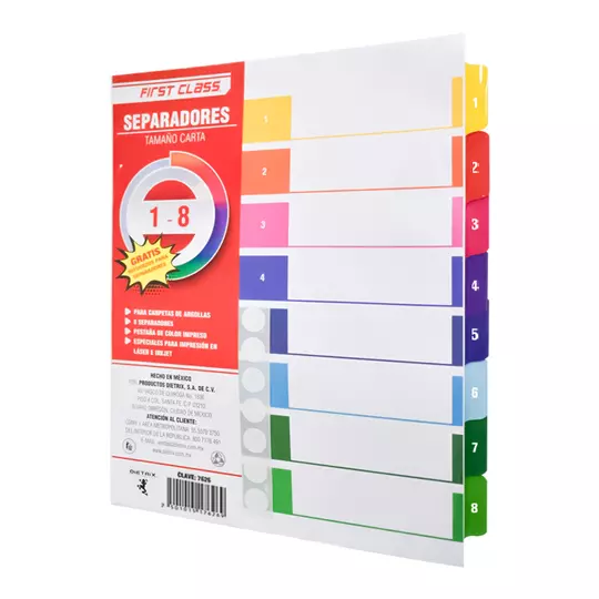 Separadores Dietrix tamaño carta del 1 al 8 pestañas de color impreso con el