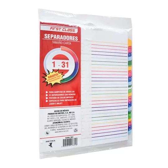 Separadores Dietrix tamaño carta del 1 al 31 pestañas de color impreso el numero
