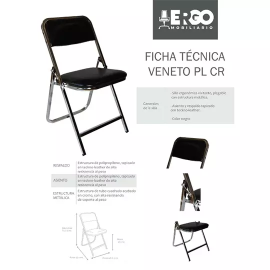 Silla plegable ERGO tubular, perfil cuadrado, tipo acojinada y cromada.