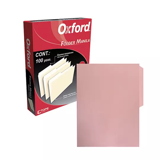 Folder manila Oxford carta color rosa ceja 1/2 caja con 100 pzas