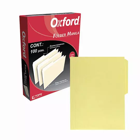 Folder manila Oxford carta color amarillo ceja 1/2 caja con 100 pzas